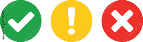 Set of three icons green checkmark for success, yellow exclamation mark for warning, and red cross for error or cancellation