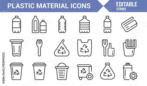Waste Management Plastic Icons Featuring Bags, Bottles, Pipes, Tools, Recycle Shapes, and Containers