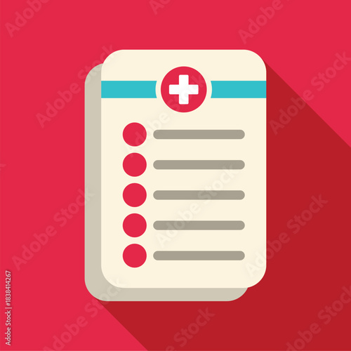Medical record document with a cross icon and checklist items on a red background
