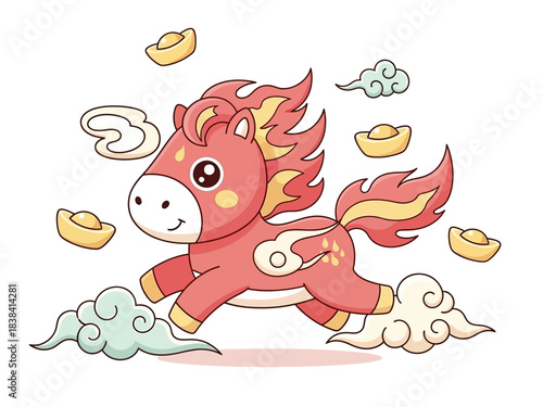 Cartoon Horse with Flame Mane and Clouds, Chinese New Year Style