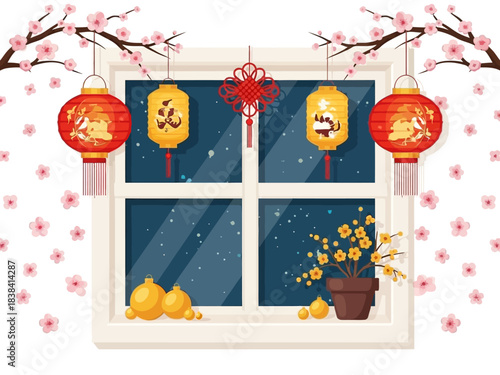 Festive Lunar New Year Window Display with Lanterns and Blossoms