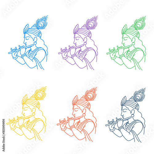 Colorful Outline Illustration Lord Krishna Playing Flute Hindu God Religious Concept