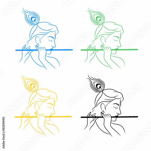 Minimalist Colorful Lord Krishna Playing Flute with Peacock Feather Illustration