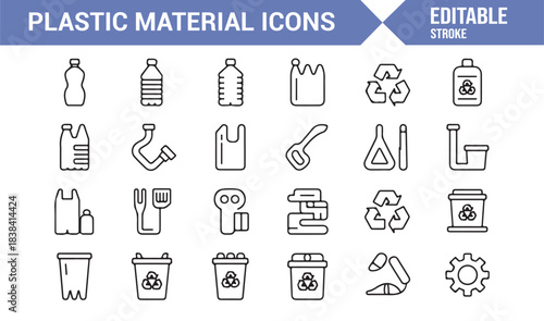 Environmental Plastic Icons Featuring Recycle Symbols, Packaging Items, Utensils, and Polymer Products