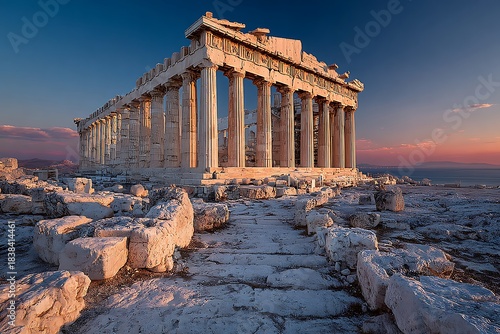 Ancient parthenon structure in panoramic view high resolution picture