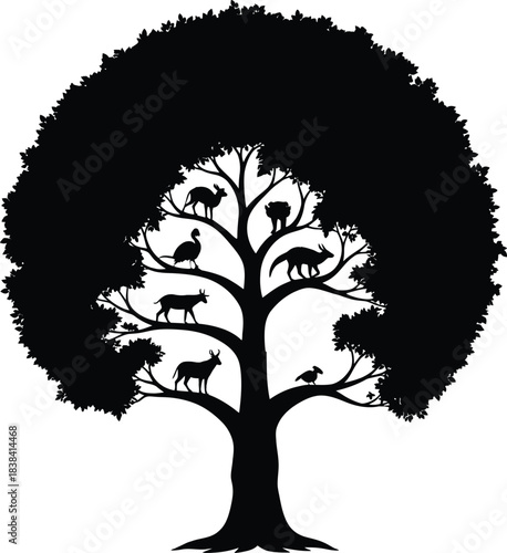 Black tree silhouette with wild animals standing on branches showing biodiversity and nature ecology concept for environmental conservation and wildlife protection.