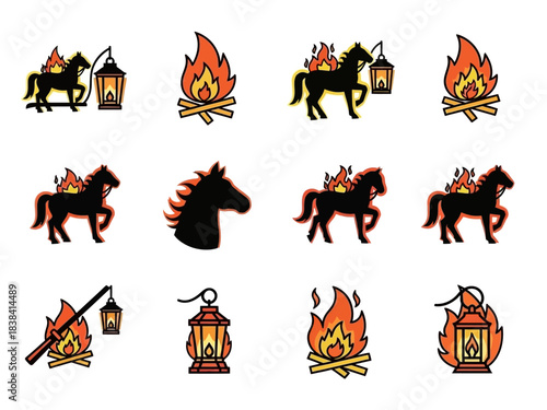 Stylized Horse Silhouettes with Fire and Lanterns, Vector Graphics
