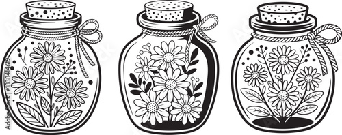 Collection of black outline line art daisy flowers in various glass jars with cork lids bows
