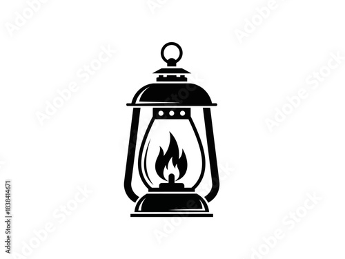 Black and White Illustration of a Vintage Oil Lantern with Flame