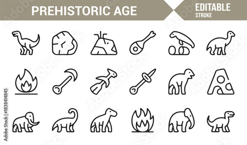 Primitive Age Vector Icons Highlighting Dinosaurs, Mammoths, Rocks, Fire, Bones, and Early Habitats