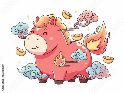 Cartoon Pink Horse with Golden Mane, Flames, and Clouds Illustration