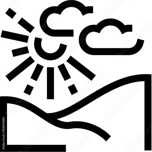 Sun shining over hills with partly cloudy weather icon