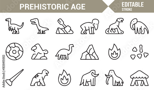 Prehistoric Illustration Pack Showing Dinosaurs, Mammoths, Bones, Rocks, Fire, and Early Settlements
