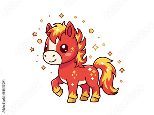 Cartoon Red Pony with Yellow Mane and Tail, Surrounded by Geometric Shapes