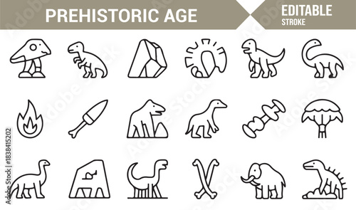 Clean Prehistoric Age Icons Representing Primitive Life, Rocks, Mammoths, Fire, and Ancient Elements