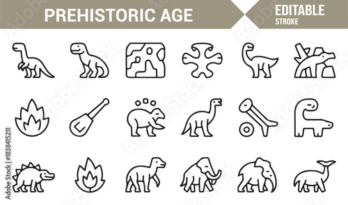 Ancient Era Line Icons Showing Dinosaurs, Cave Dwellings, Fire, Stone Tools, and Early Animals