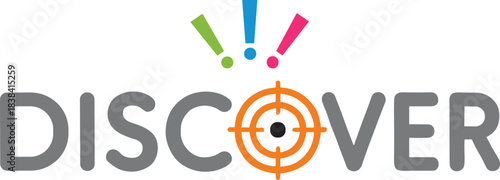 Colorful Discover Logo with Target Icon and Exclamation Marks  Creative Minimal Vector Design