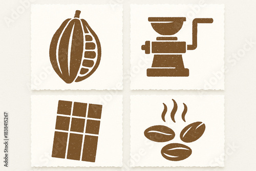 Peruvian cacao culture vector icons in torn textured grid on white background