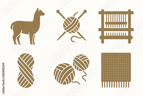 Peruvian alpaca wool production vector icons in torn textured neat grid on white background