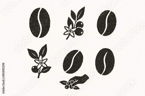 Peruvian coffee variety vector icons in torn textured structured grid on white background