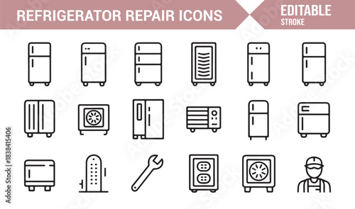 Editable Refrigerator Line Icons Representing Maintenance Workflows, Tools, Components, and Service Elements