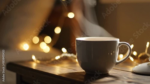 Steaming hot cup of tea or coffee mug on a rustic wooden nightstand with soft golden string lights bokeh backdrop, ideal for cozy evenings and relaxing lifestyle content.