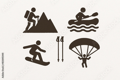 Peruvian adventure activity vector icons in torn textured organized grid on white background