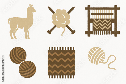 Peruvian alpaca wool production vector icons in torn textured neat grid on white background