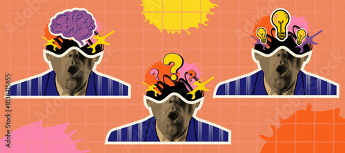 Creative brain art design with halftone textures and abstract elements showcasing mental intelligence, psychological concepts, and innovative idea development in modern brain collage style.
