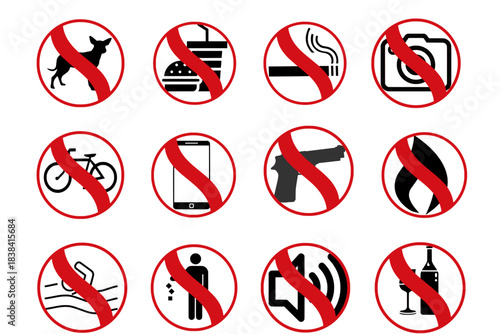 Prohibition signs set vector illustration. Warning danger symbol prohibiting signs. Forbidden safety information prohibiting signs. Protection signs no pet warning information sign.