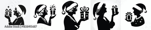 vector silhouette of a grandmother carrying a Christmas gift