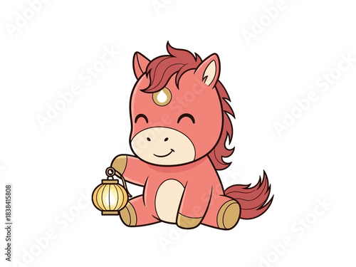 Cute Cartoon Unicorn Holding a Lantern, Pink and Red Colors