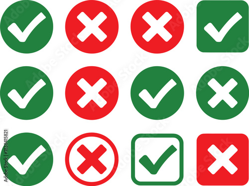 A collection of graphic design elements featuring green checkmarks and red crosses, symbolizing choices and decisions, presented in various shapes and styles