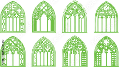 Set of Intricate Green Gothic Window Frames with Decorative Arch Designs