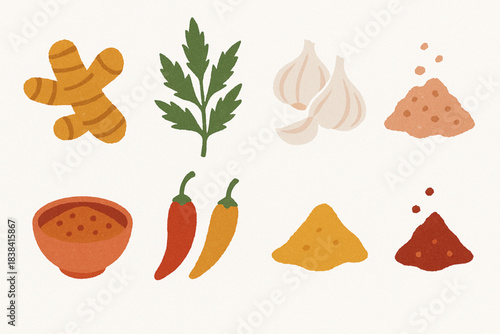 Andean herbs and spices vector icons in torn textured simple grid on white background