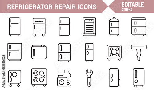 Editable Stroke Vector Icons Representing Fridge Repair, Compressor Units, Tools, and Appliance Maintenance
