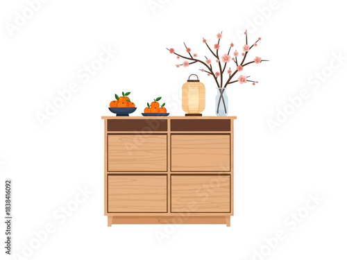 Wooden Cabinet with Oranges, Lantern, and Blossoms