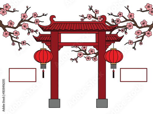 Ornate Red Chinese Gate with Lanterns and Cherry Blossoms Illustration