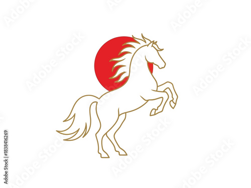 Elegant Rearing Horse Outline with Red Sun Background, Minimalist Design