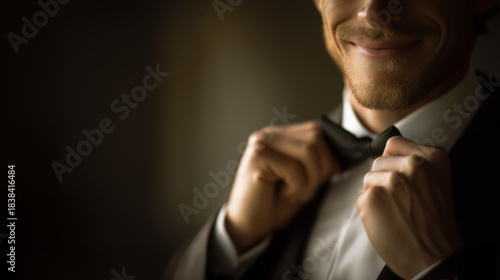 Smiling man adjusting black bow tie in formal suit before event