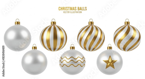 A set of seven realistic 3d christmas tree ornaments in white and gold colors, some plain, some striped, some with wavy patterns, and one with a star, isolated on white background