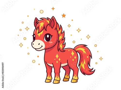 Cartoon Red Horse with Yellow Mane and Tail, Sparkles