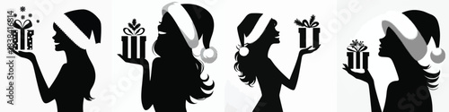 vector silhouette of a woman carrying a Christmas gift