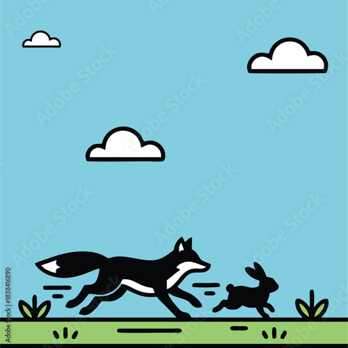 Fox Chasing Rabbit Illustration - Wildlife Nature Scene Vector