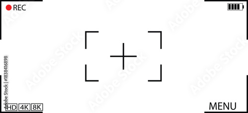 camera viewfinder recording interface with focus frame crosshair and menu display screen isolated on white background.