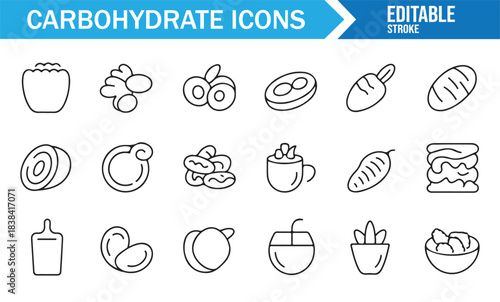 Vector Line Icons Displaying Carbohydrate Food Types Including Starches, Cereals, Fruits, and Meals