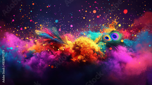 Happy Holi background, indian festival of colors. Traditional gulal powders, peacock feather,  and festive spiritual harmony