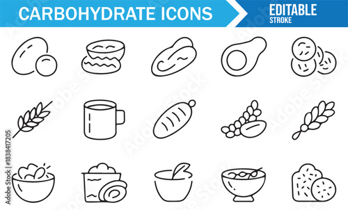 Organic Carbohydrate Icons Featuring Bread, Fruits, Tubers, Beans, Grains, and Snack Elements