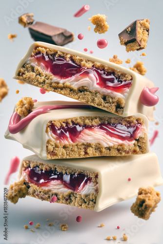 Three stacked protein bars or snacks coated in smooth white chocolate. Inside is a golden cookie crumb base and a glossy, bright pink layer of strawberry jam with realistic shimmer and glitter. Dubai 