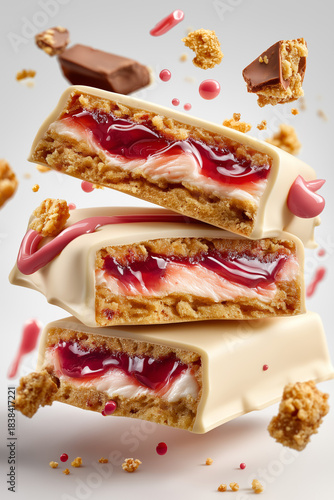 Three stacked protein bars or snacks coated in smooth white chocolate. Inside is a golden cookie crumb base and a glossy, bright pink layer of strawberry jam with realistic shimmer and glitter. Dubai 